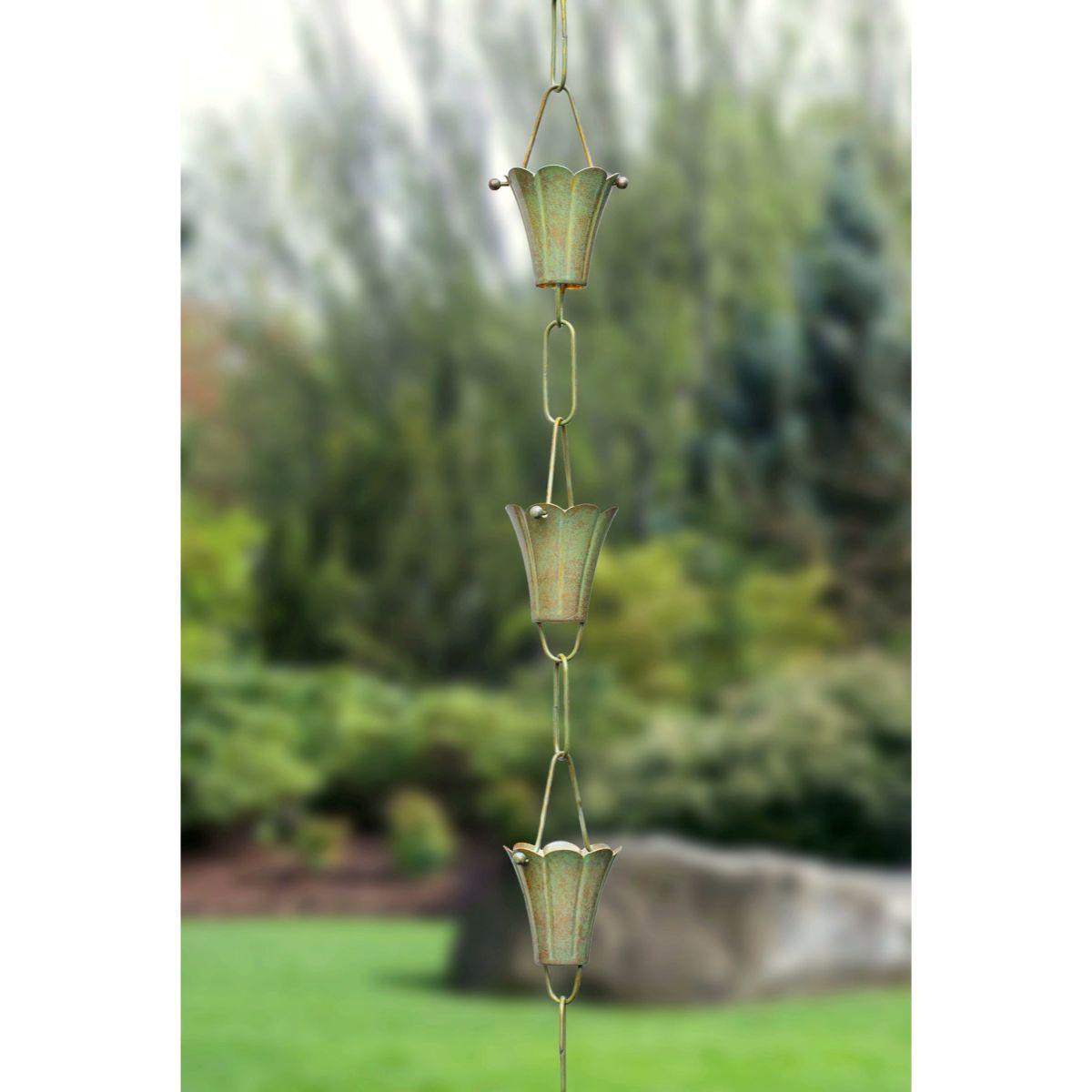 Fluted Flower Blue Verde Copper Rain Chain 8.5 ft.